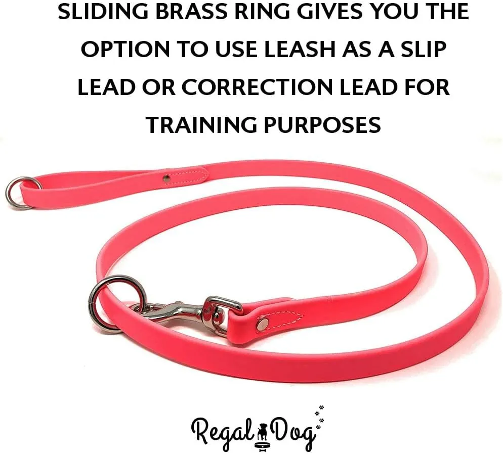 Regal Dog Products Medium Pink Waterproof Dog Collar and Leash Set - Vinyl Coated Biothane Pet Training Collar with Heavy Duty Center Ring & 5'ft Leash - Other Sizes for Puppy, Small & Large Dogs