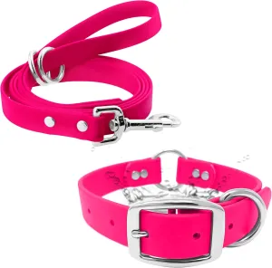 Regal Dog Products Medium Pink Waterproof Dog Collar and Leash Set - Vinyl Coated Biothane Pet Training Collar with Heavy Duty Center Ring & 5'ft Leash - Other Sizes for Puppy, Small & Large Dogs