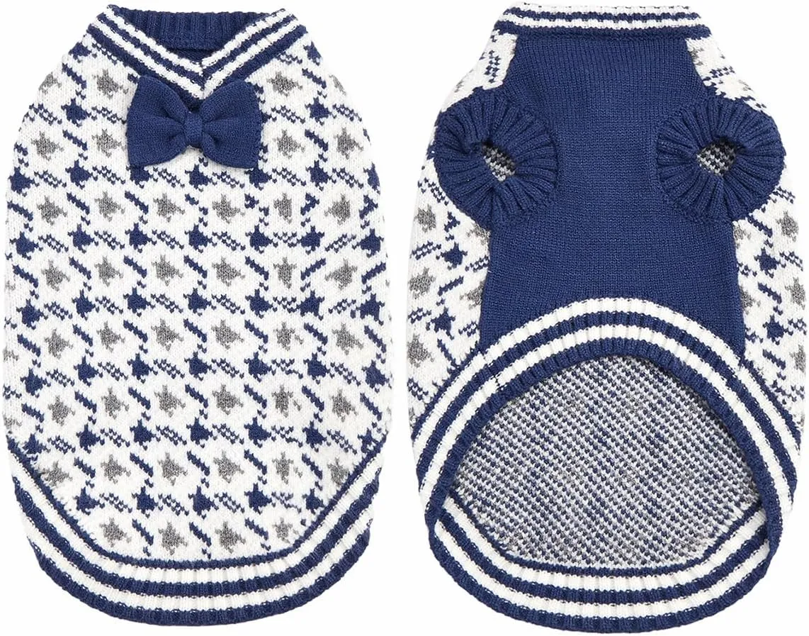 Samll Dog Sweaters Boy Pet V-Neck Doggy Sweater Knit Valentines Day Dog Sweater for Pomeranian Bichon Frise Pug Cold Weather Outfit Pet Formal Dress (Blue, L)