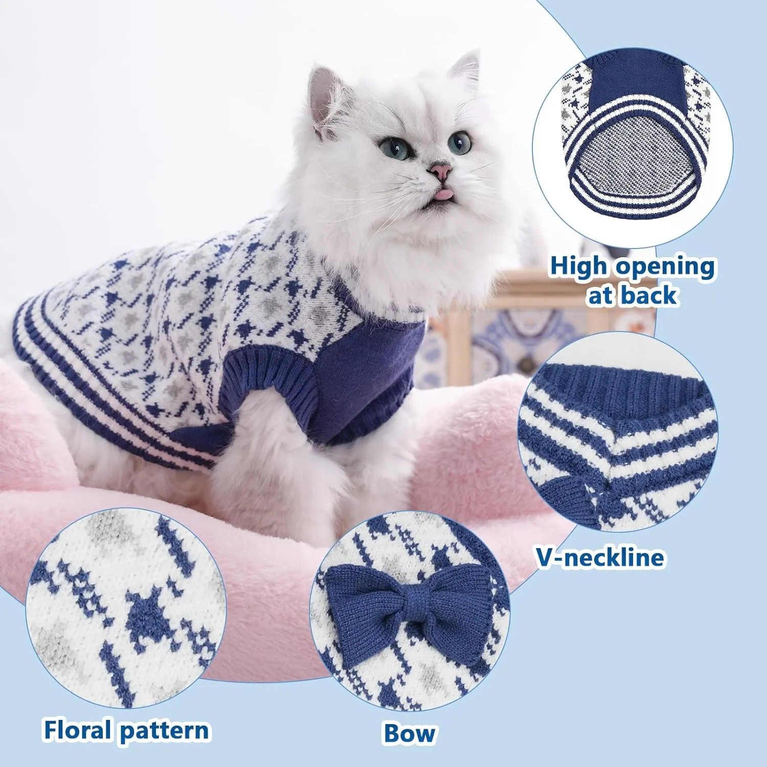Samll Dog Sweaters Boy Pet V-Neck Doggy Sweater Knit Valentines Day Dog Sweater for Pomeranian Bichon Frise Pug Cold Weather Outfit Pet Formal Dress (Blue, L)