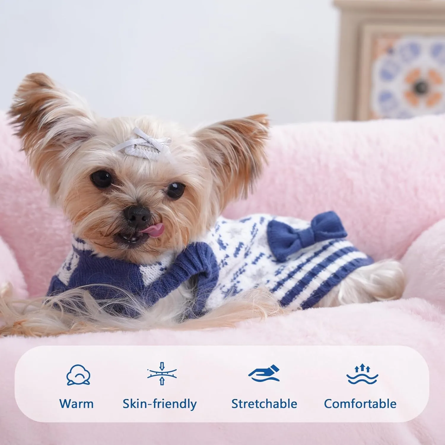 Samll Dog Sweaters Boy Pet V-Neck Doggy Sweater Knit Valentines Day Dog Sweater for Pomeranian Bichon Frise Pug Cold Weather Outfit Pet Formal Dress (Blue, L)