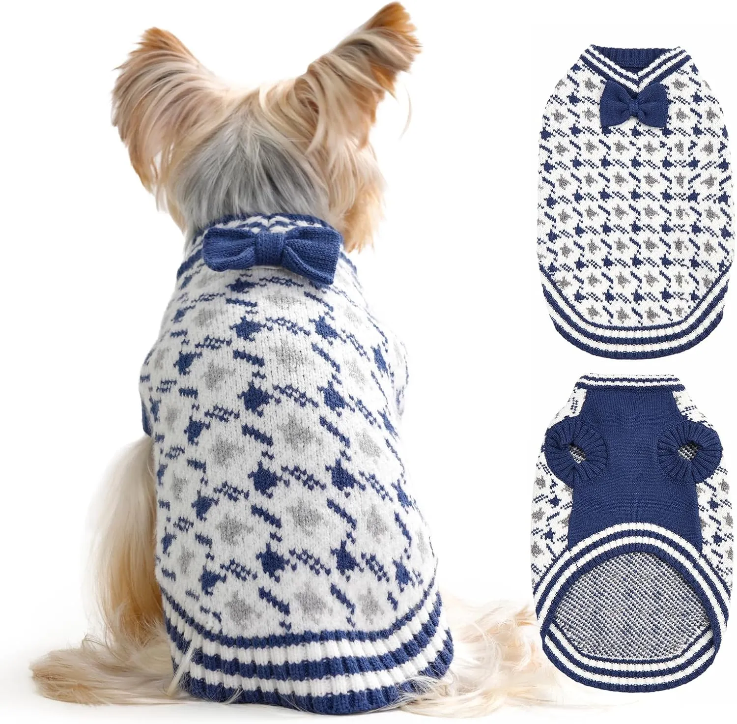 Samll Dog Sweaters Boy Pet V-Neck Doggy Sweater Knit Valentines Day Dog Sweater for Pomeranian Bichon Frise Pug Cold Weather Outfit Pet Formal Dress (Blue, L)