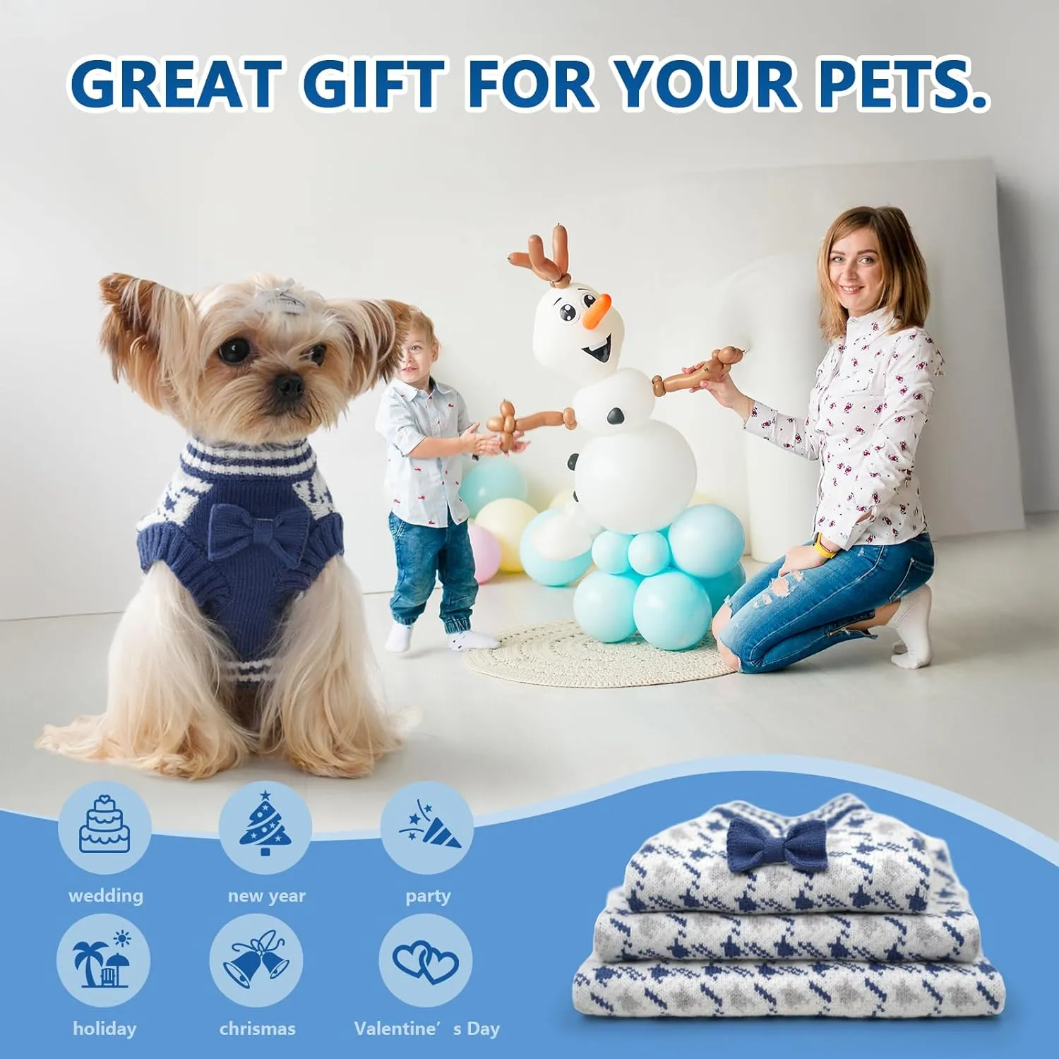 Samll Dog Sweaters Boy Pet V-Neck Doggy Sweater Knit Valentines Day Dog Sweater for Pomeranian Bichon Frise Pug Cold Weather Outfit Pet Formal Dress (Blue, L)