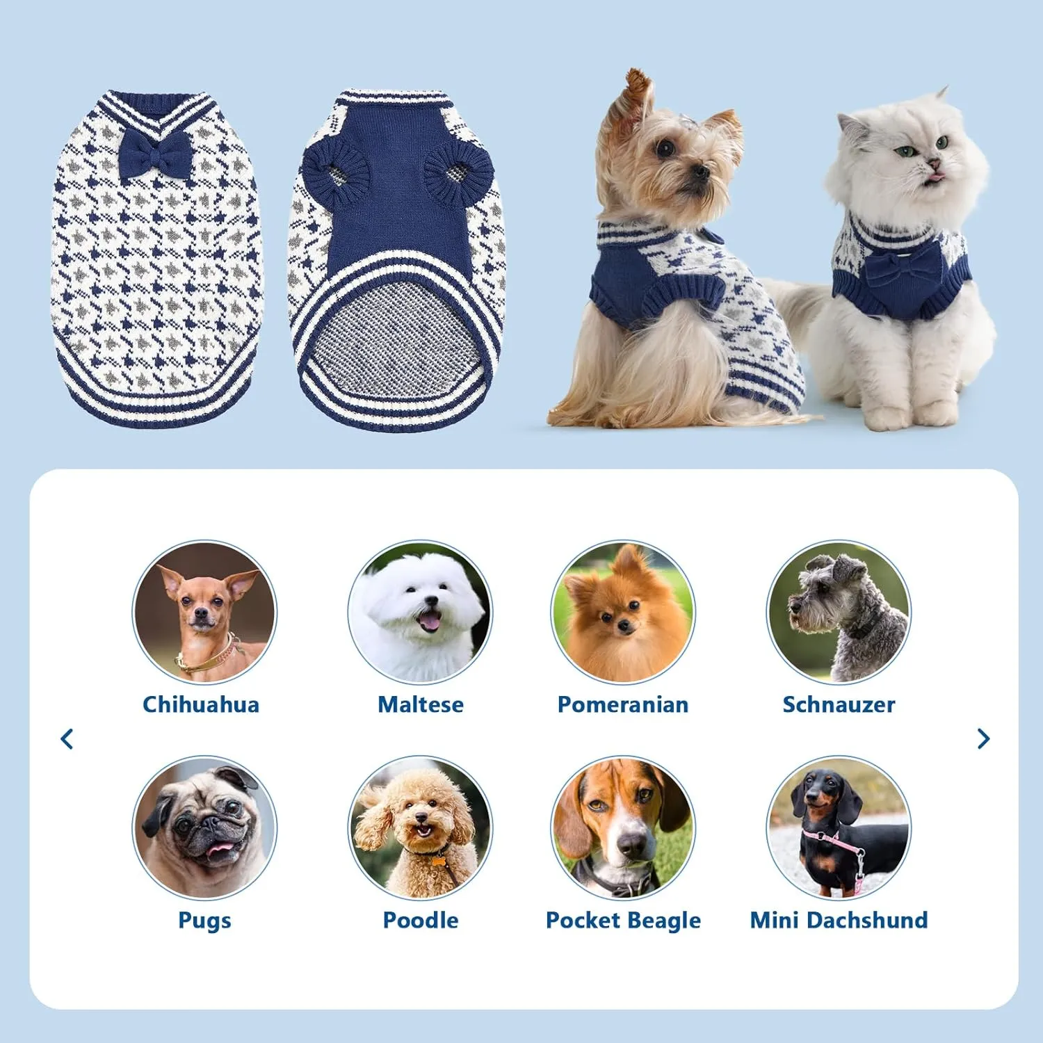 Samll Dog Sweaters Boy Pet V-Neck Doggy Sweater Knit Valentines Day Dog Sweater for Pomeranian Bichon Frise Pug Cold Weather Outfit Pet Formal Dress (Blue, L)