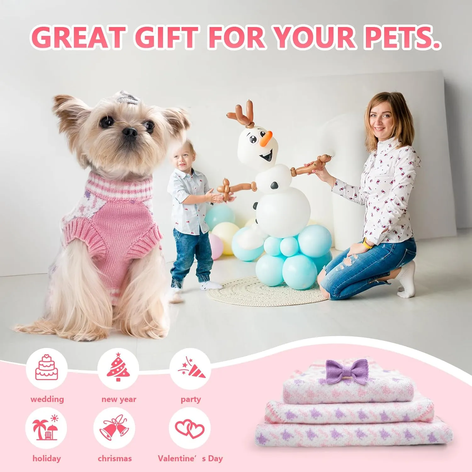 Samll Dog Sweaters Girl Pet V-Neck Valentines Day Doggy Sweater Knit for Pomeranian Bichon Frise Pug Cold Weather Outfit Pet Formal Dress (PinkL)