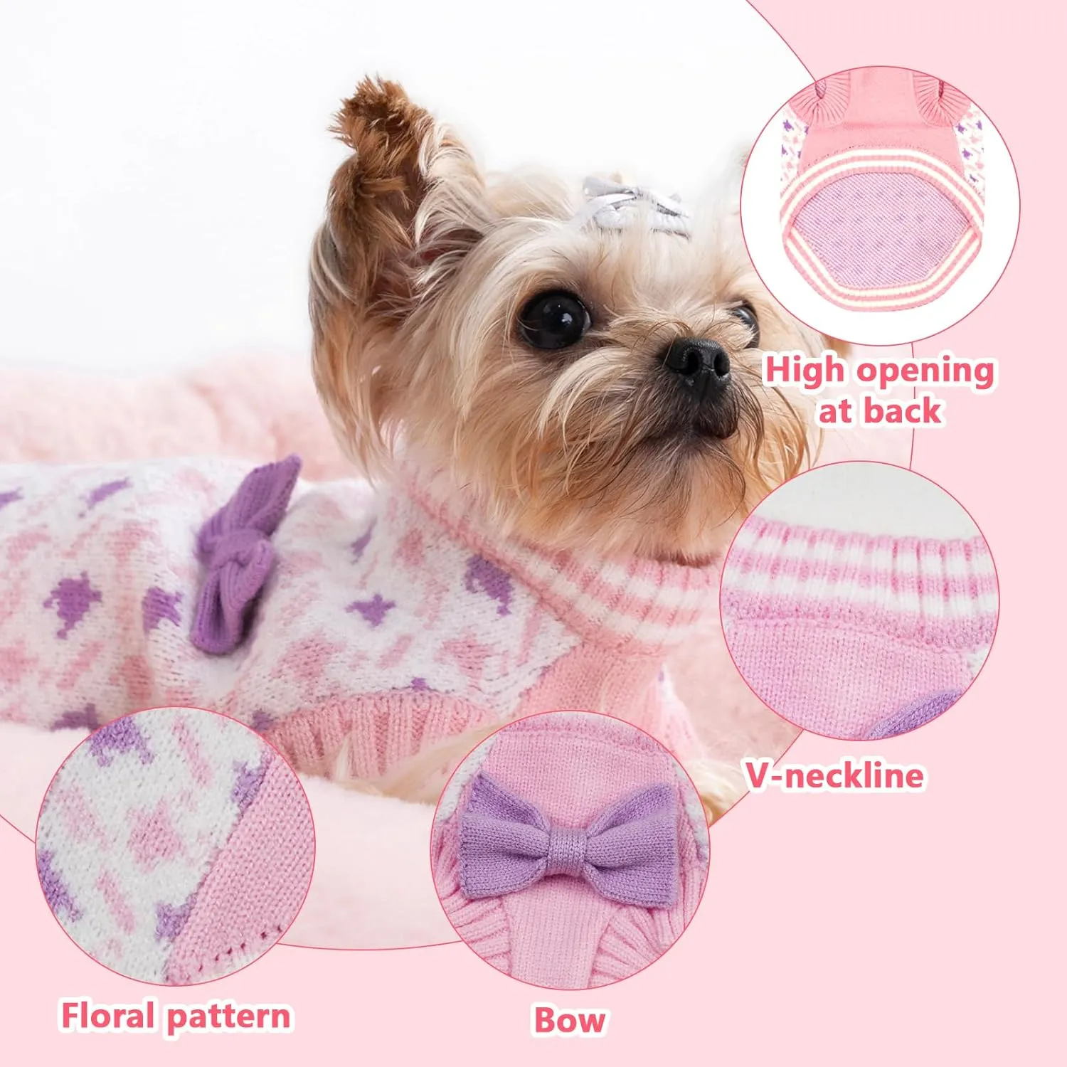 Samll Dog Sweaters Girl Pet V-Neck Valentines Day Doggy Sweater Knit for Pomeranian Bichon Frise Pug Cold Weather Outfit Pet Formal Dress (PinkL)