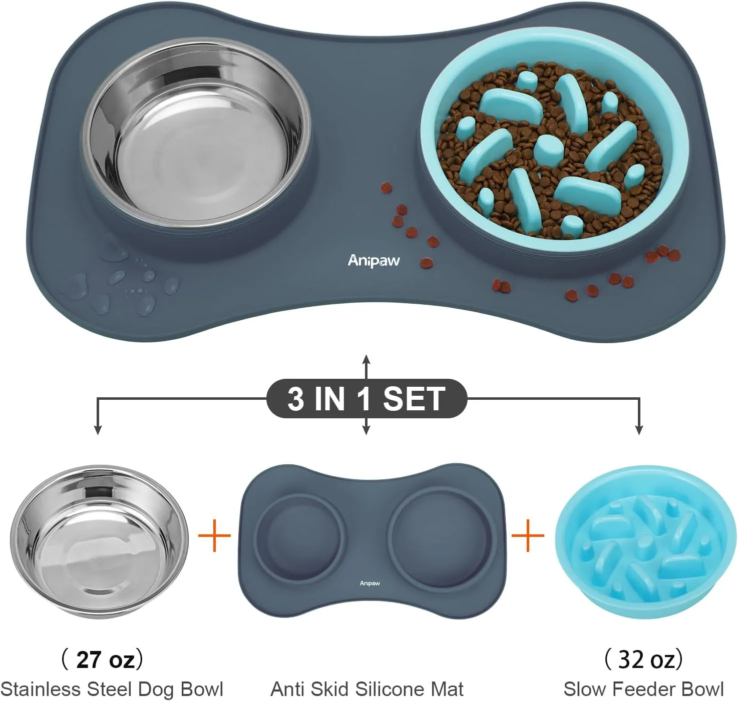 Slow Feeder Dog Bowls 3 in 1 Stainless Steel Dog Food and Water Bowls with Non-Spill and Non-Skid Silicone Mat to Slow Down Eating for Large Medium Small Breed Size Dogs and Cats (Light Grey)