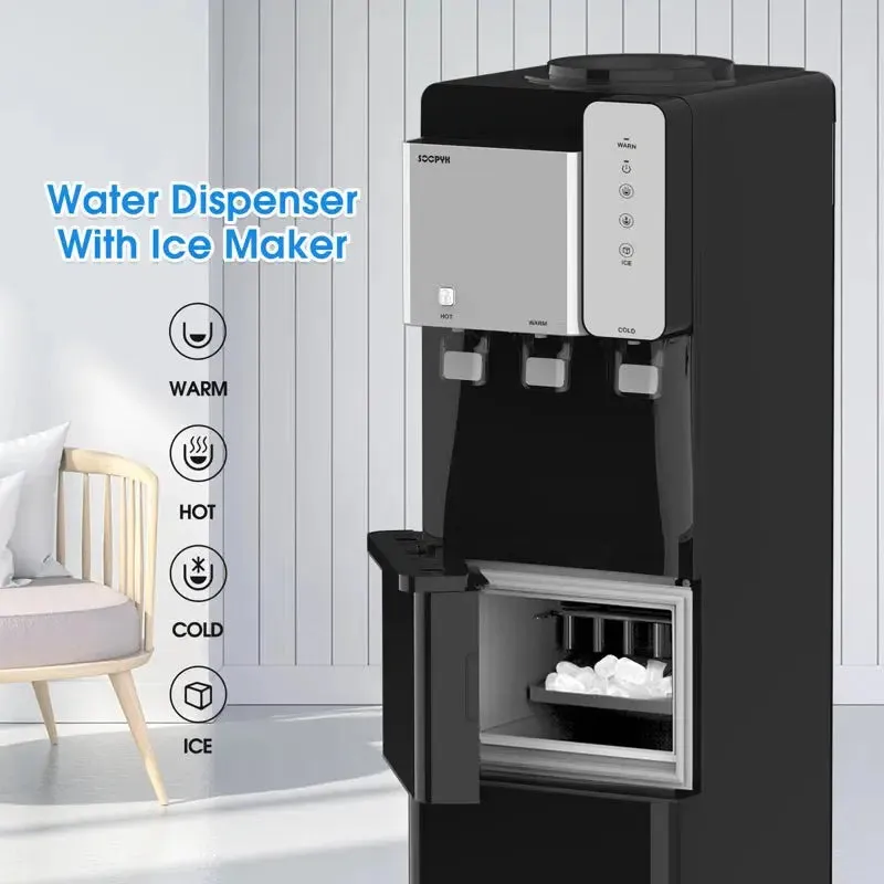 SOOPYK Hot and Cold Water Cooler Dispenser with Ice Maker 5 Gallon Bottle Top Load 27 Lbs per Day