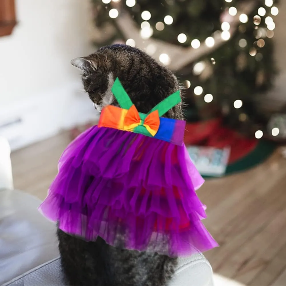 Threetols Christmas Dog Costume Pride Rainbow Cute Dog Tutu with Bowknot, Purple Dress Accessories for Small Medium Dogs Cats Pets Dress Party, Fancy Rainbow Pet Dress for Dog Cat Birthday Party (L)