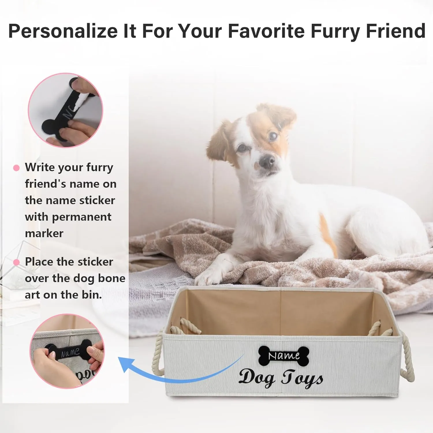 Trapezoid Fabric Dog Toy Basket with Rope Handle - Storage Organizer for Pet Toys - Personalizable - Beige