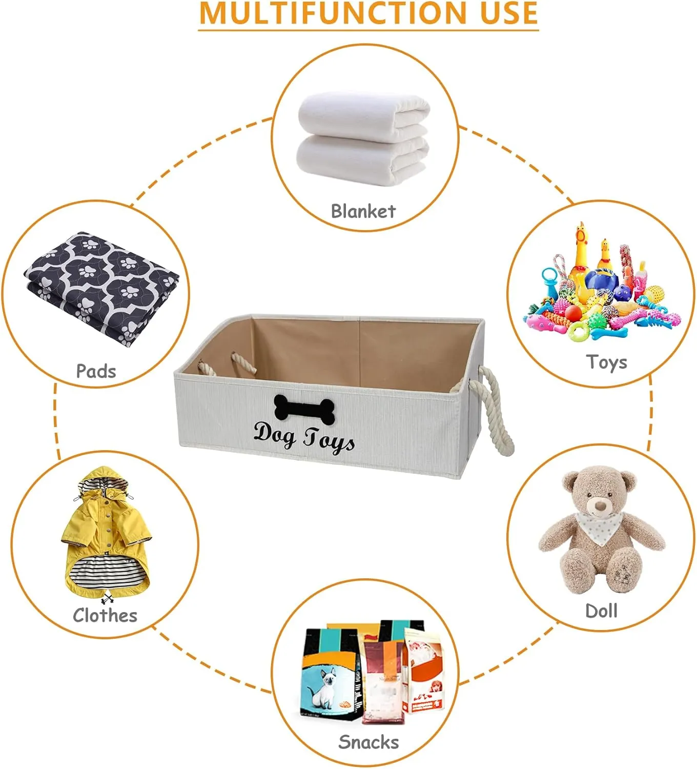 Trapezoid Fabric Dog Toy Basket with Rope Handle - Storage Organizer for Pet Toys - Personalizable - Beige