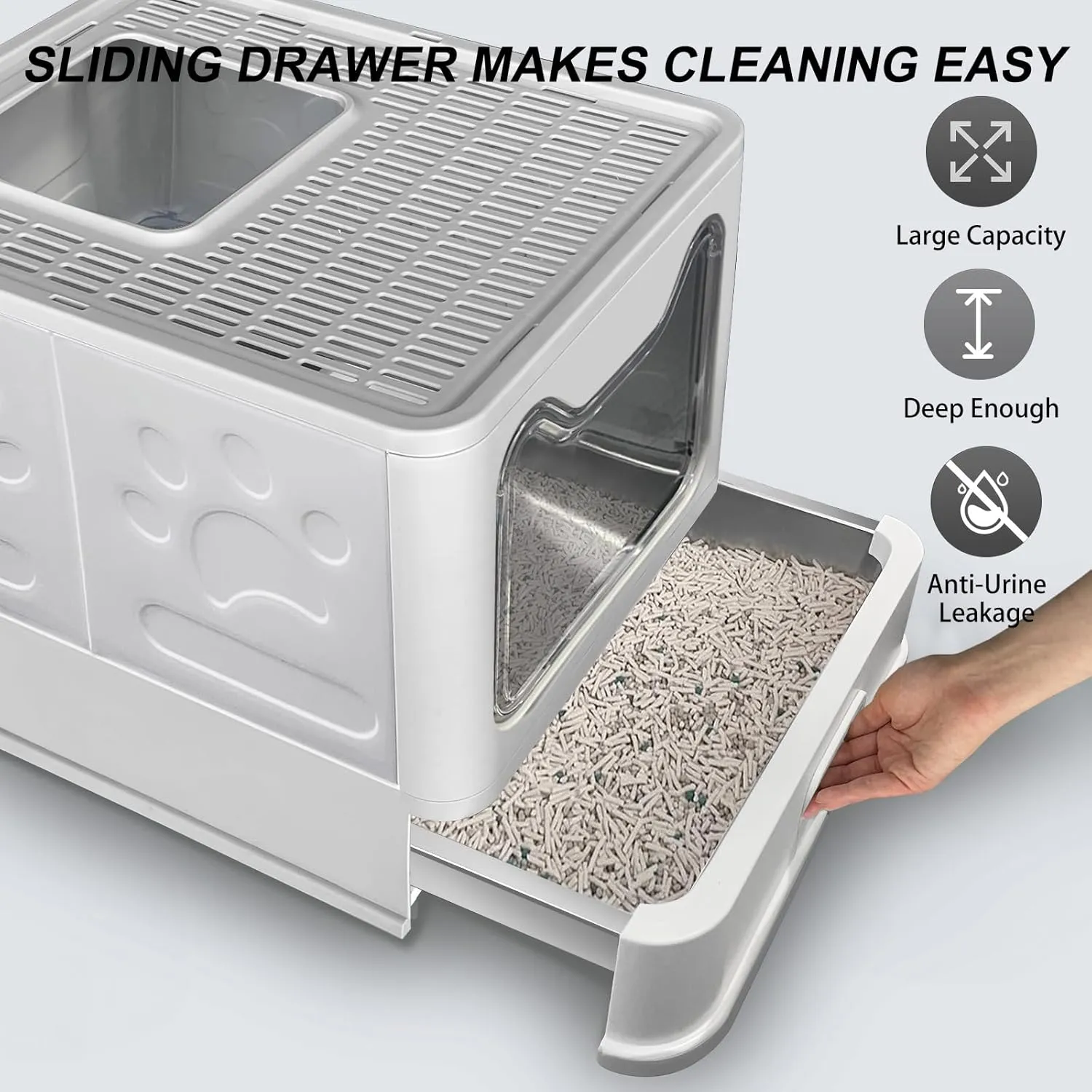 Upgrade Portable Litter Box, Top Entry Cat Box with Lid, No Leakage Kitty Box with Scoop and Mat, Easy Cleaning Cat Box Enclosure(Grey-Stainless Steel)