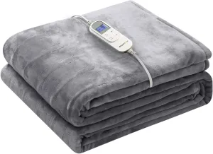 Wapaneus Heated Blanket Electric Throw 72" x 84" Full Size with 10 Heating Levels 12 Hours Time Setings and Auto-Shut Off, Flannel Fast-Heating Electric Blanket,Machine Washable,Grey