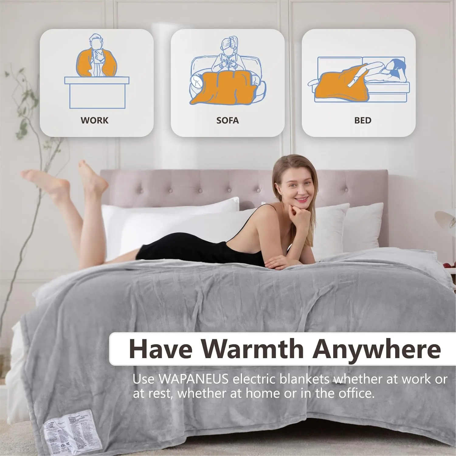 Wapaneus Heated Blanket Electric Throw 72" x 84" Full Size with 10 Heating Levels 12 Hours Time Setings and Auto-Shut Off, Flannel Fast-Heating Electric Blanket,Machine Washable,Grey