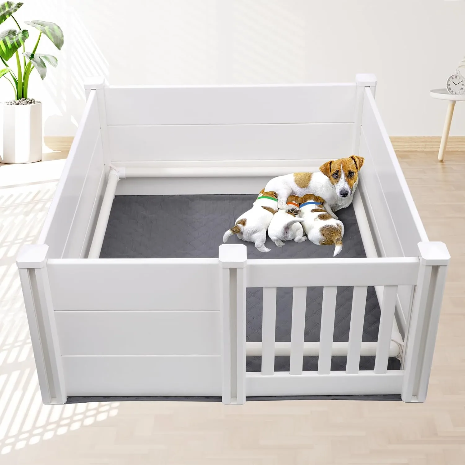 Whelping Box for Dogs and Puppies with Pig Rails and Waterproof Whelping Pad, 383818in Puppies Playpen with Adjustable Height Door ID Collars for Medium Small Dogs