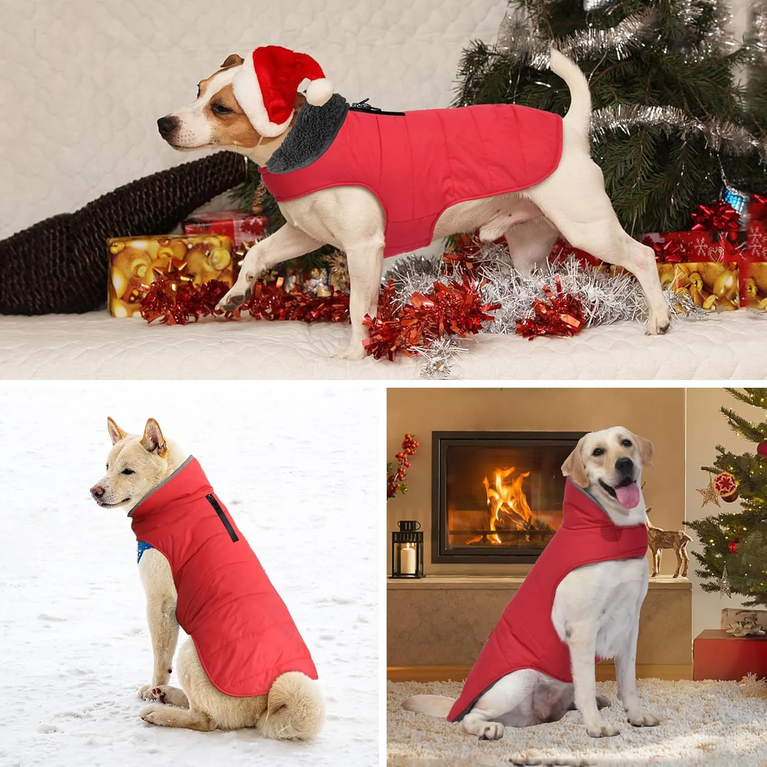 Winter Coat, Waterproof Dog Jacket with Leash Hole, Reflective Warm Snow Jacket Windproof Fleece Vest for Small to Large Dogs - Red, S