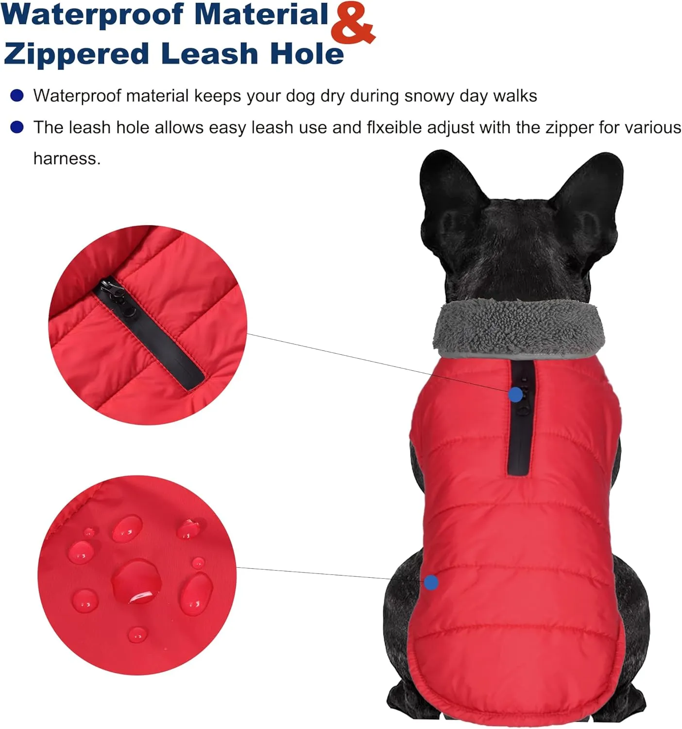 Winter Coat, Waterproof Dog Jacket with Leash Hole, Reflective Warm Snow Jacket Windproof Fleece Vest for Small to Large Dogs - Red, S