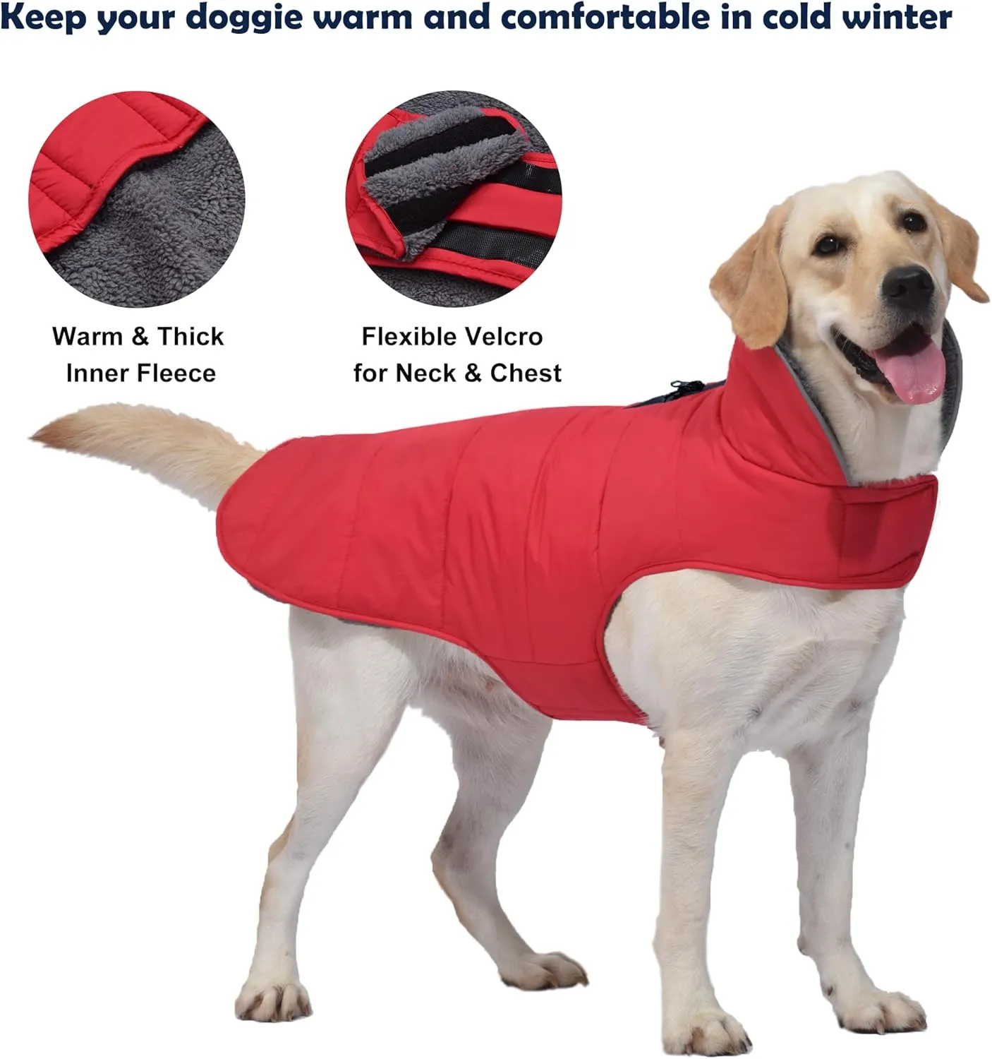 Winter Coat, Waterproof Dog Jacket with Leash Hole, Reflective Warm Snow Jacket Windproof Fleece Vest for Small to Large Dogs - Red, S