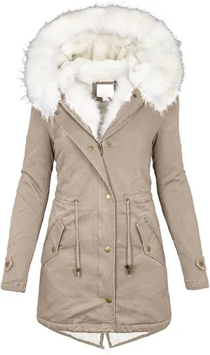 Women's Winter Coats Long Thicken Fleece Lined Parka Jacket with Faux Fur Trim Hood Quilted Puffer Coat Windproof Ski Jacket