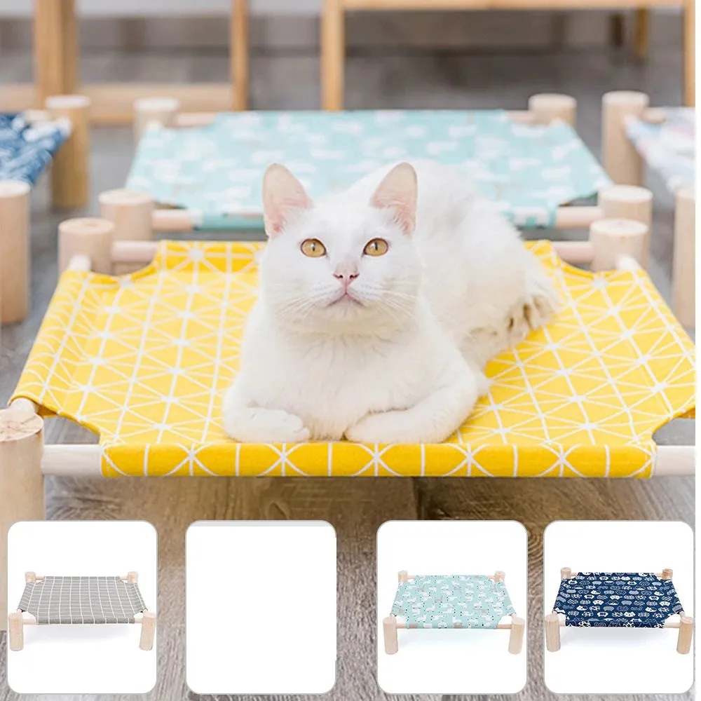 Wooden Elevated Cat Bed Lounge Elevated Pet Bed Canvas Durable Raised Cat Bed