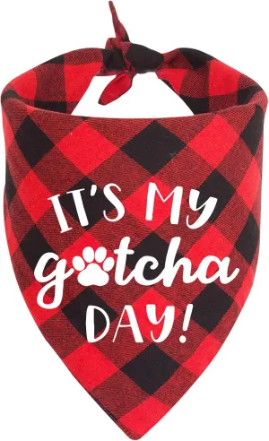 YHTWIN Funny Cute It's My Gotcha Day Red Plaid Cotton Pet Bandana, Dog Birthday Party Decorations Props for Master Lovers Gift